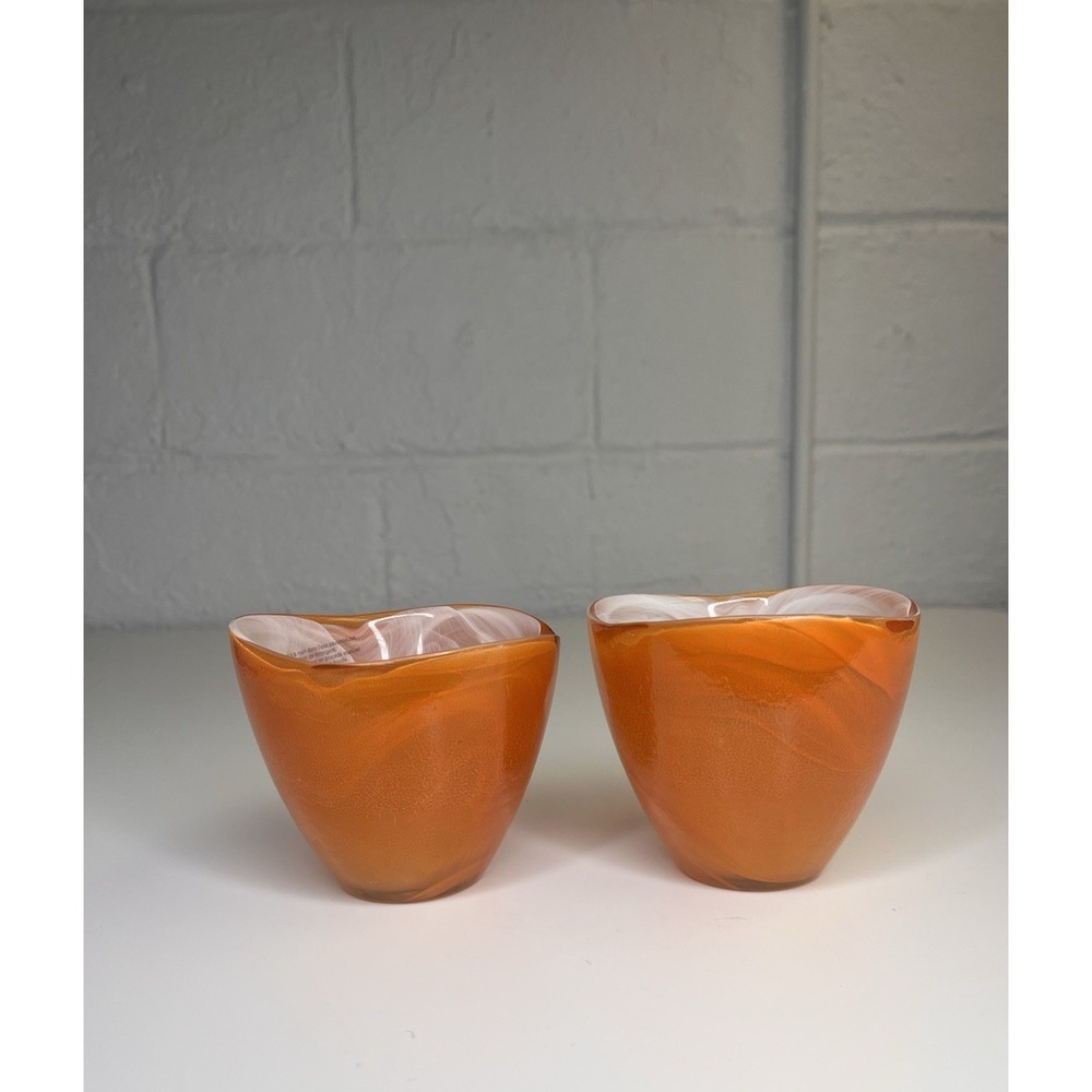 Anthropologie Art Glass Orange Swirl Votive Tea Light Candle Holder SET‎ OF 2 - Picture 3 of 13